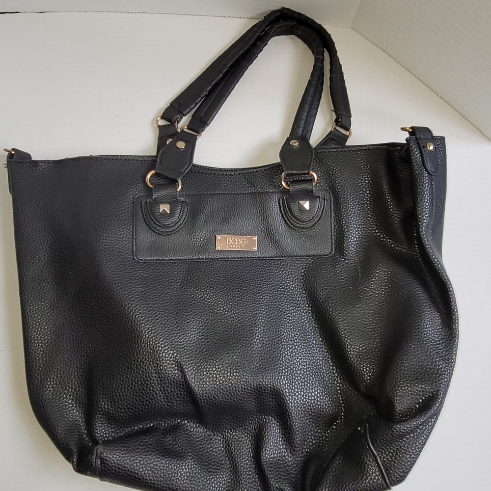 BCBG Paris Black Pebbled Faux Leather Shoulder Tote Handbag With Inside Bag